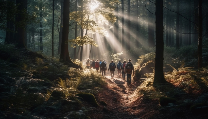 Men women hiking lush forest generated by ai